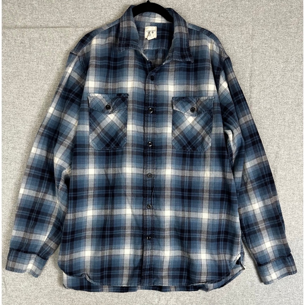Lands End Canvas Flannel‎ Shirt Mens XL Blue Plaid Cotton Button Down